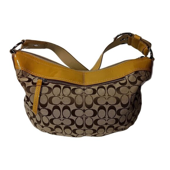 Coach Tan/Brown Signature Canvas Hobo Bag With Mustard Yellow Patent Leather Tri - Picture 2 of 13